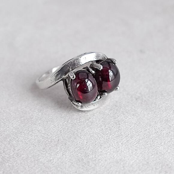 Sterling Silver Double Garnet Bypass Ring Size 5.5 Double Cabochon 5.4g - Picture 1 of 7